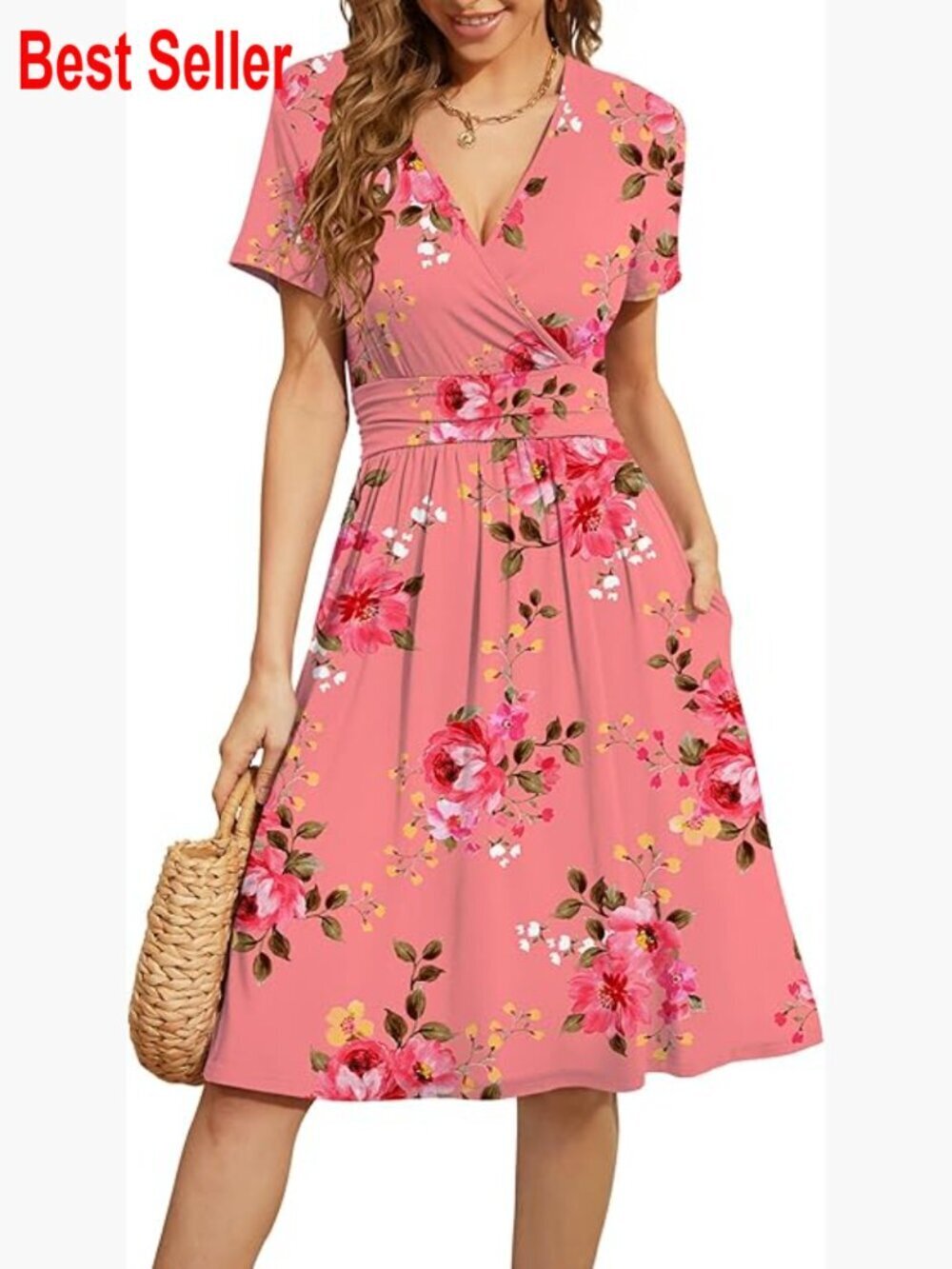 Rayon Spandex V-Neck Floral Summer Dress with Pockets